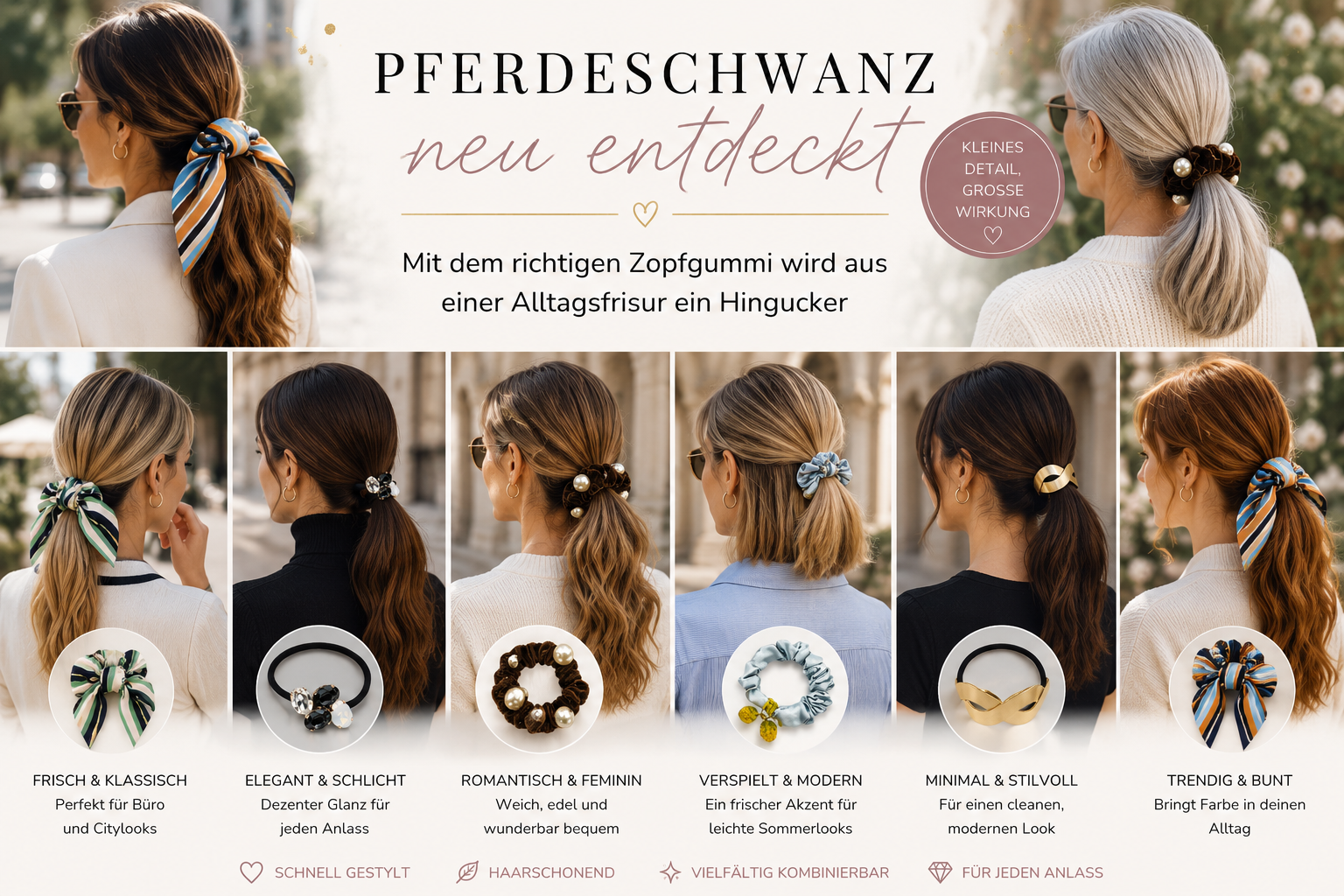 Pferdeschwanzfrisuren mit verschiedenen Zopfgummis