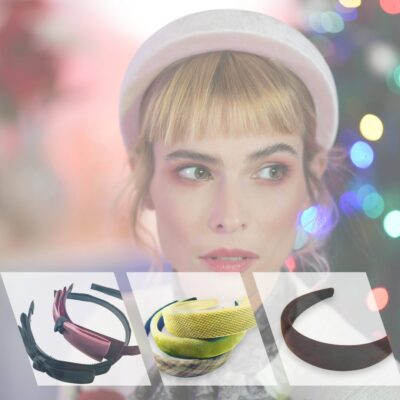 Frau mit Haarreif-Frisur und diversen modischen Haarreifen zur Auswahl