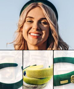 Frau mit grünem Haarreif aus Samt sowie Auswahl an verschiedenen grünen Mode Haarreifen