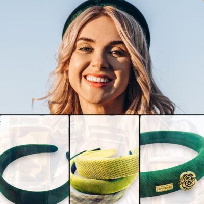 Frau mit grünem Haarreif aus Samt sowie Auswahl an verschiedenen grünen Mode Haarreifen