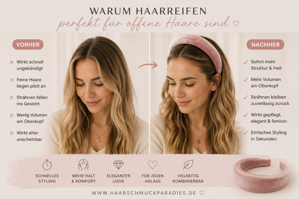 Infografik zum Thema Haarreifen Frisuren für offene Haare. Die linke Seite zeigt eine Frau mit offenen Haaren ohne Haarreifen, die rechte Seite dieselbe Frisur mit einem rosa Samt-Haarreifen. Der Vorher-Nachher-Vergleich verdeutlicht die Vorteile von Haarreifen wie mehr Volumen, besseren Halt und ein elegantes Styling.