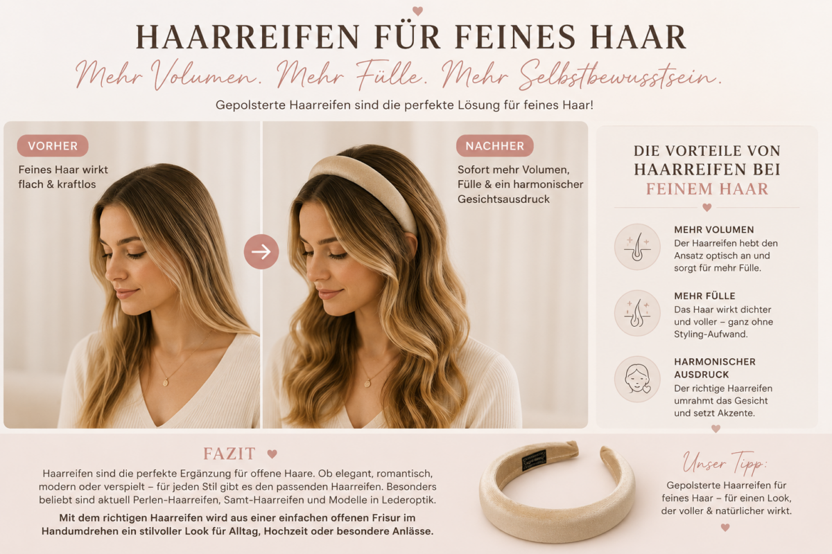 Haarreifen für feines Haar: Vorher-Nachher-Vergleich einer Frau mit offenen Haaren und gepolstertem Haarreifen. Der Haarreifen sorgt für mehr Volumen, mehr Fülle und einen harmonischen Gesichtsausdruck.