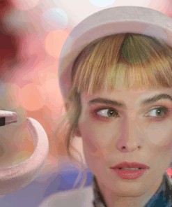 Frau mit gepolstertem Samthaarreif in rosa