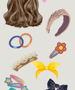 Mädchenkopf gezeichnet von hinten mit verschiedenen Haarschmuck-Accessoires und einem Kamm