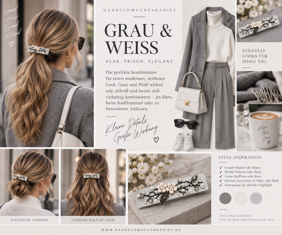 Stilvolle Frau mit dekorativer Haarspange und grauem Herbst-Outfit. Der Pin zeigt elegante Frisuren mit Haarspangen sowie Inspirationen für moderne Farbkombinationen in Grau für die Herbst- und Wintersaison.