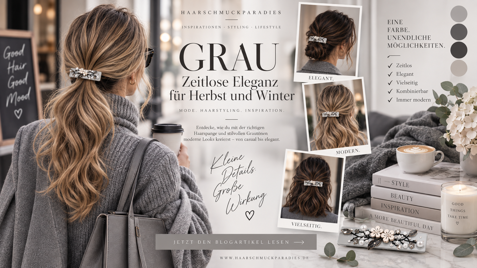 Stilvolle Frau mit dekorativer Haarspange im grauen Herbst-Winter-Outfit. Der Pinterest-Pin zeigt verschiedene Frisuren mit Haarspangen sowie Inspirationen für elegante Kombinationen mit Grau, Creme, Schwarz, Bordeaux, Beige, Schokoladenbraun, Dunkelblau und Silber.