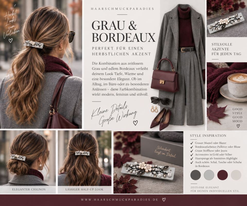Elegante Haarspange mit floralem Design und Perlen- sowie Kristallverzierungen im Haar einer Frau. Die dekorative Spange wird zu einem stilvollen grauen Herbst-Outfit getragen und zeigt eine elegante Styling-Idee für Haar und Mode.