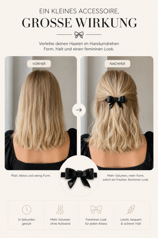 Half up Frisur mit Haarspange, Bild zeigt zwei Frisuren einmal mit Half up und Haarspange und einmal ohne Frisur nur mit offenen Haaren