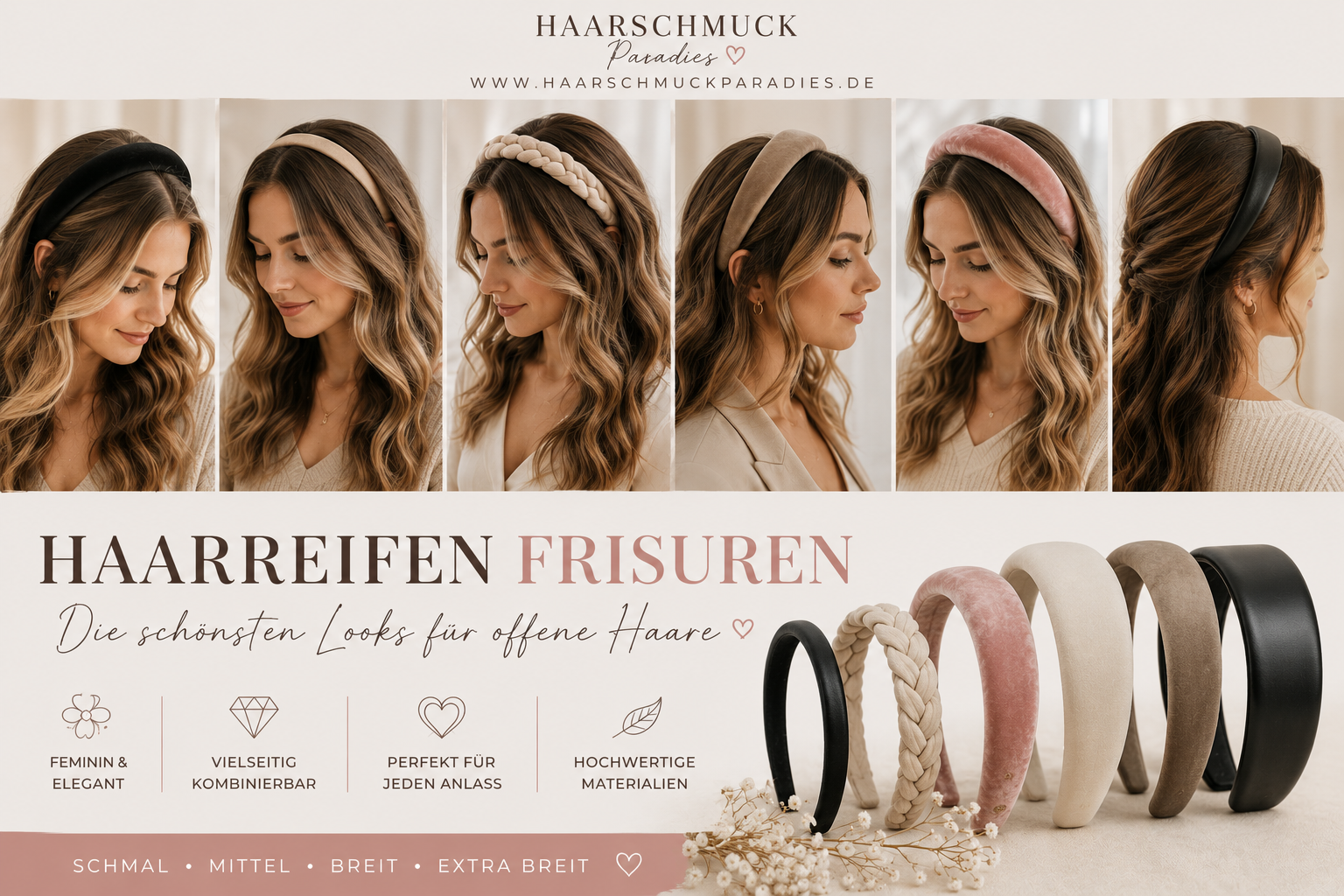 Elegante Haarreifen-Frisuren für offene Haare mit verschiedenen Haarreifen in unterschiedlichen Breiten und Materialien. Gezeigt werden moderne Looks mit schmalen, mittleren und breiten Haarreifen in Samt-, Flecht- und Lederoptik. Die Frisuren eignen sich für Alltag, Büro, besondere Anlässe und festliche Events und zeigen, wie Haarreifen offene Haare stilvoll ergänzen können.