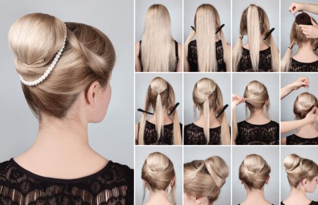 Anleitung zur Hochsteckfrisur mit Haardutt und Perlenzopfgummi