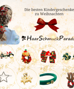 Kind mit Haarschmuck in weihnachtlicher Frisur, geflochtener Zopf mit Weihnachtshaarschmuck