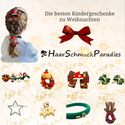 Kind mit Haarschmuck in weihnachtlicher Frisur, geflochtener Zopf mit Weihnachtshaarschmuck