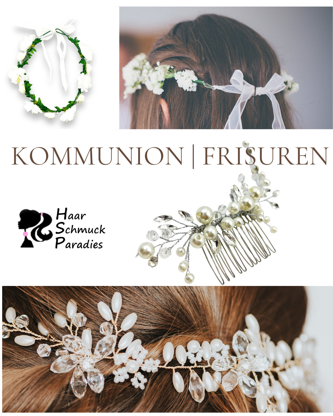 Frisuren zur Kommunion oder Konformation mit Haarschmuck und Haarkranz mit Blumen