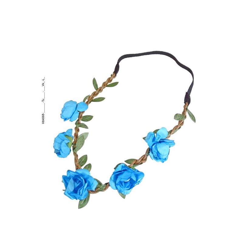 Haarband mit Gummizug mit Stoffblüten und Blättern türkis