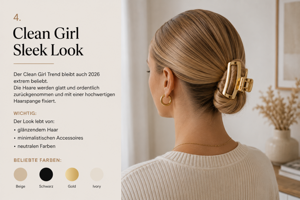 Frisur in Sleek Look mit goldener Haarklammer