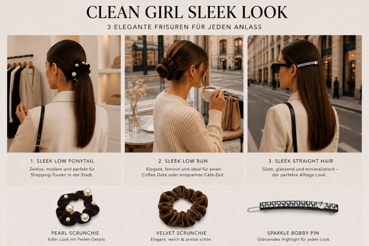 frisurideen für sleek look frisuren mit Haarspange oder Haar scrunchie