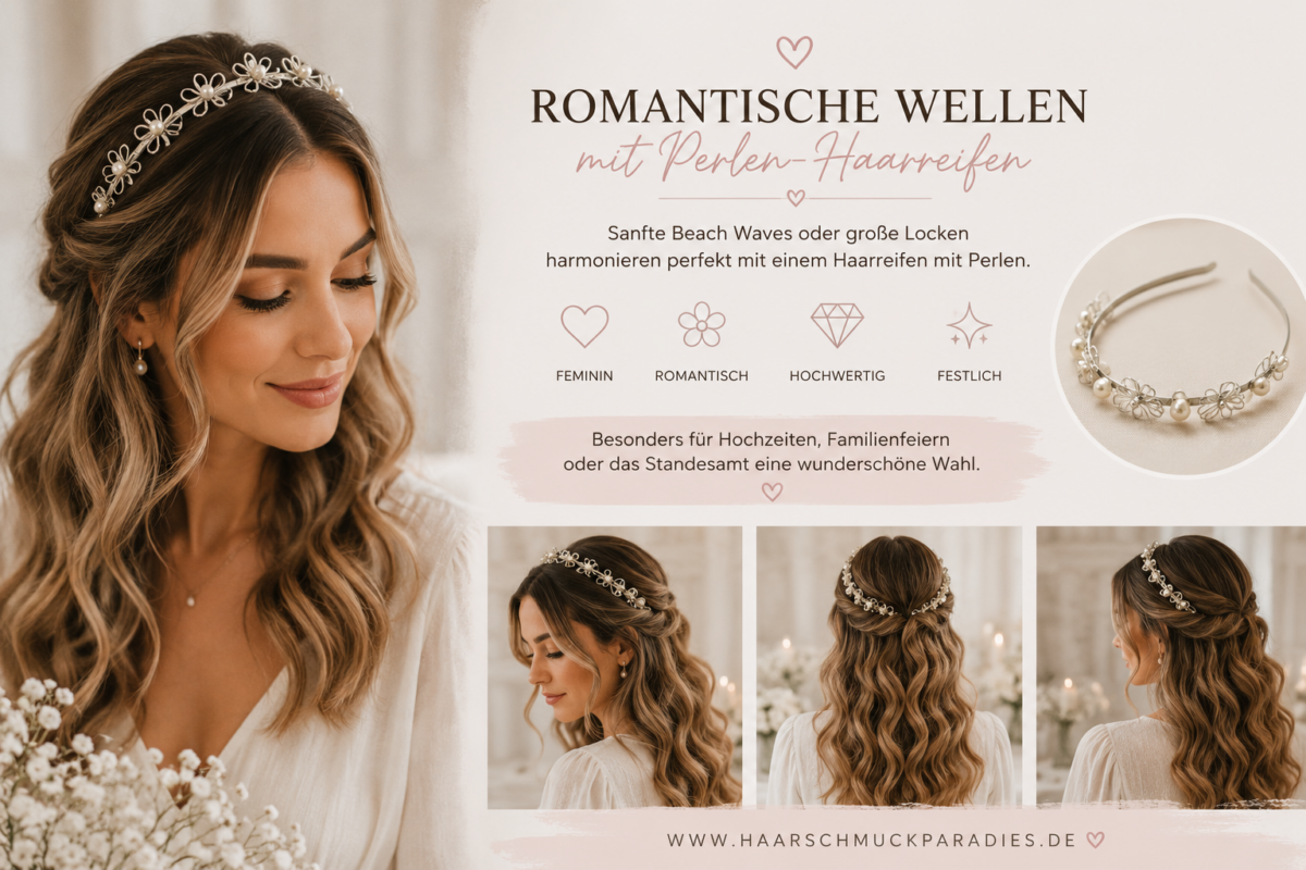 Inspiration für offene Haare mit Perlen-Haarreifen. Gezeigt wird eine Frau mit lockeren Wellen und einem silberfarbenen Haarreifen mit Perlen und Blütenelementen. Die romantische Frisur eignet sich besonders für Hochzeiten, Familienfeiern, das Standesamt und festliche Anlässe.