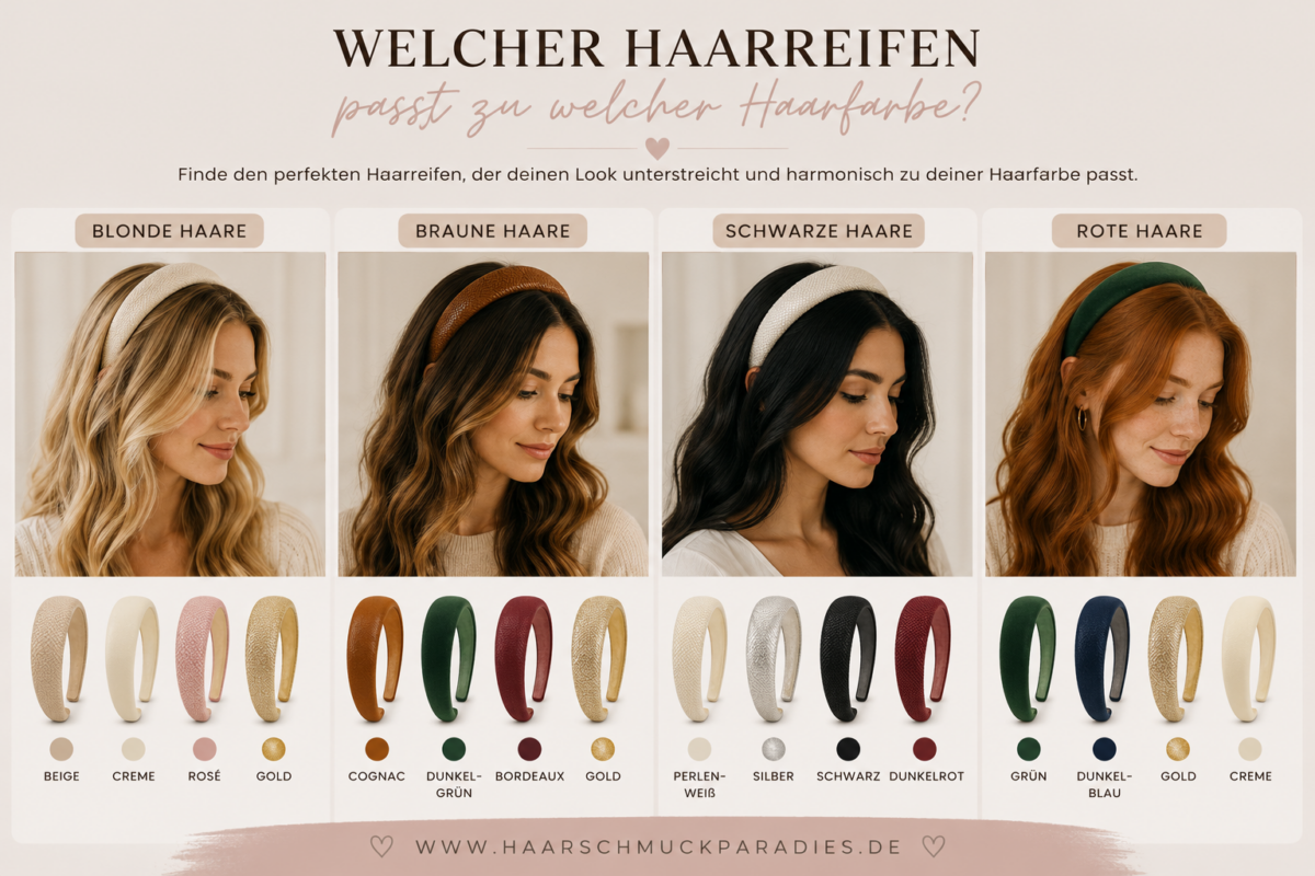 Welcher Haarreifen passt zu welcher Haarfarbe? Übersicht mit Styling-Tipps für blonde, braune, schwarze und rote Haare sowie passenden Haarreifen in Beige, Creme, Cognac, Dunkelgrün, Bordeaux, Perlenweiß, Silber und Gold.